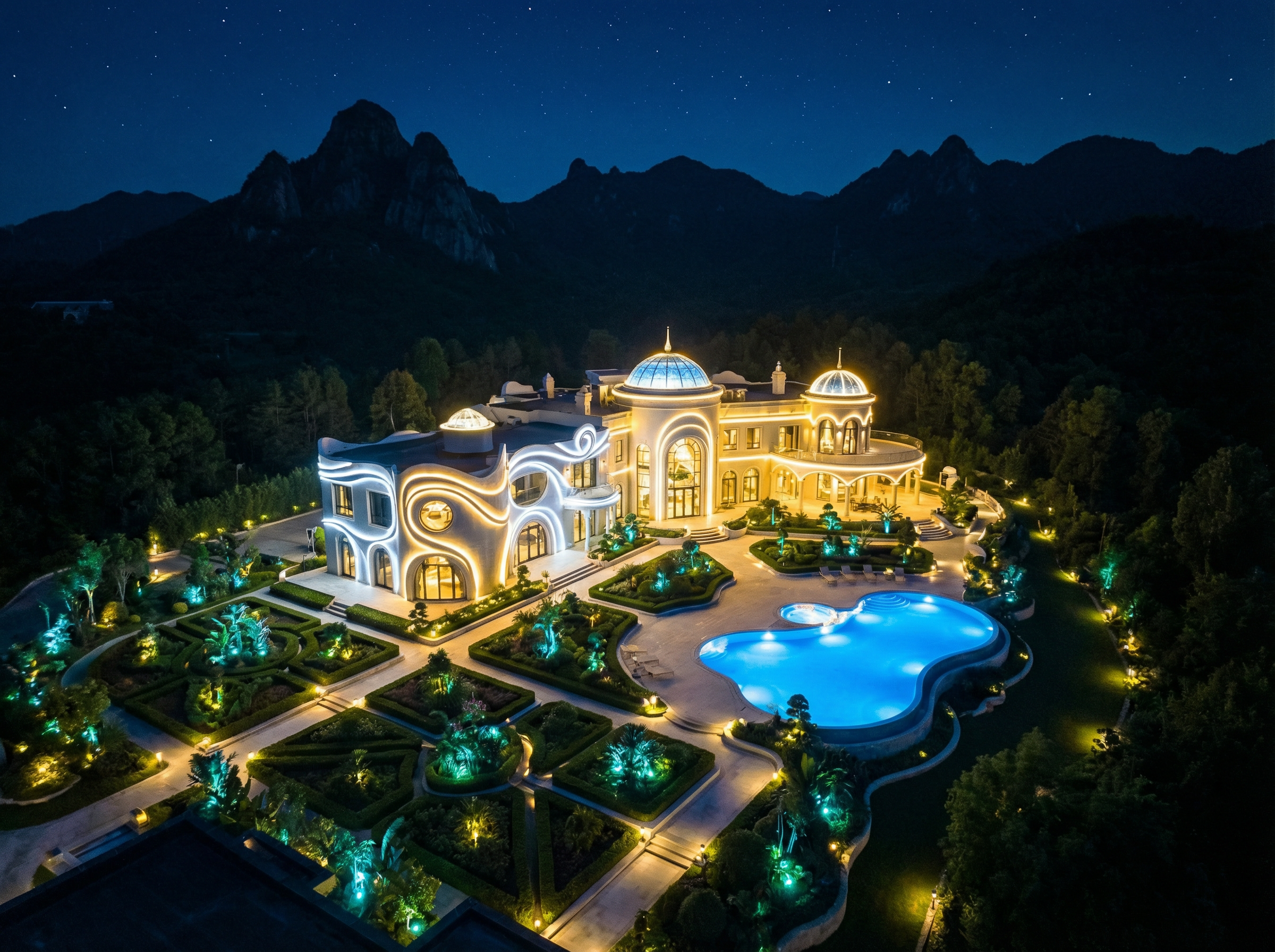 Luxury Estate Aerial View at Night